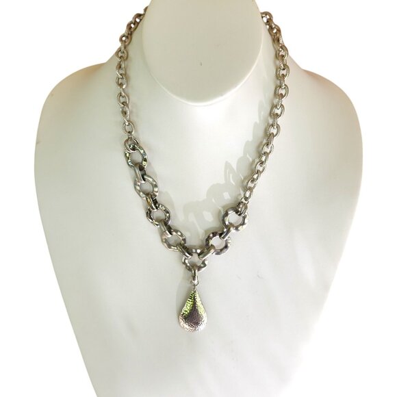 Chico's Silver Hammered Teardrop Statement Necklace 21.5 in L w/ 3.5" Extender - Picture 4 of 11